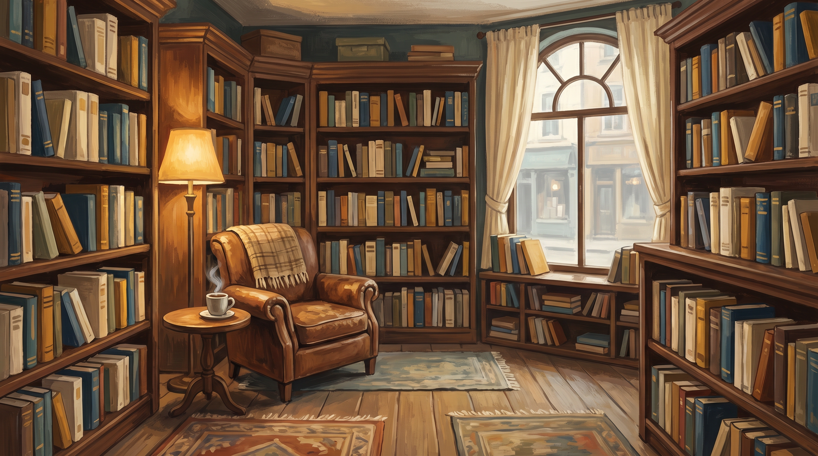 Cozy bookshop reading nook
